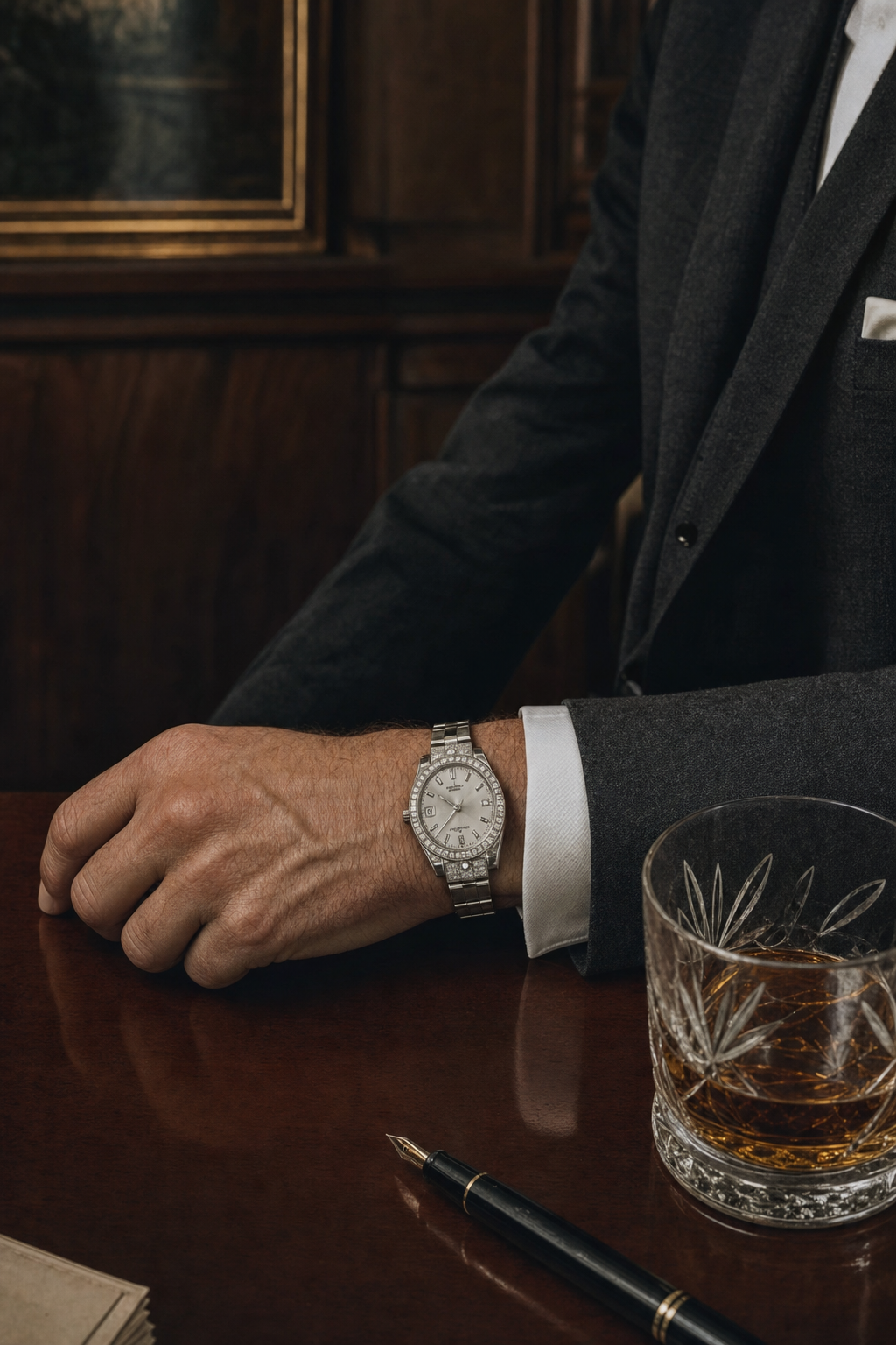 editorial portrait — gentleman in charcoal suit with platinum watch