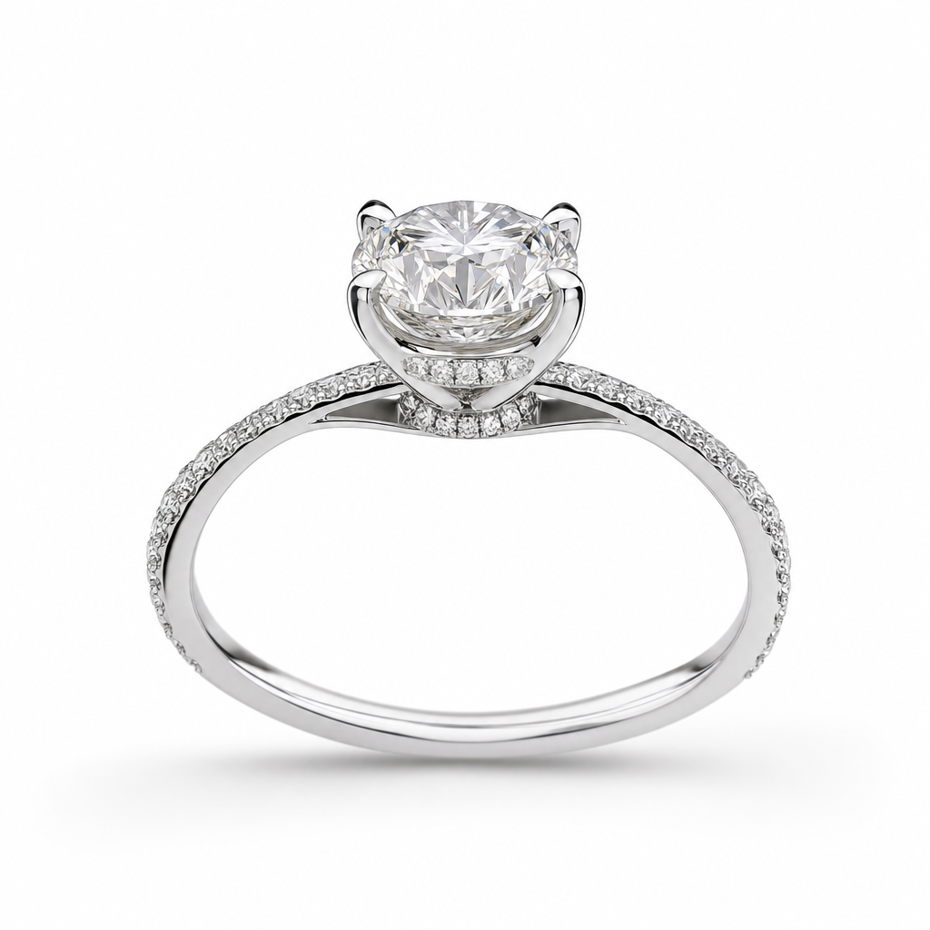 hidden halo engagement ring editorial product image