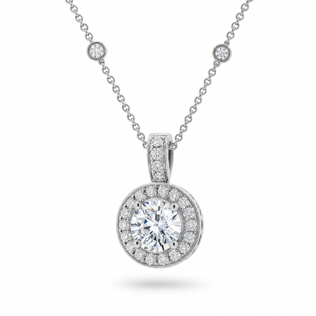 pavé halo pendant editorial product image