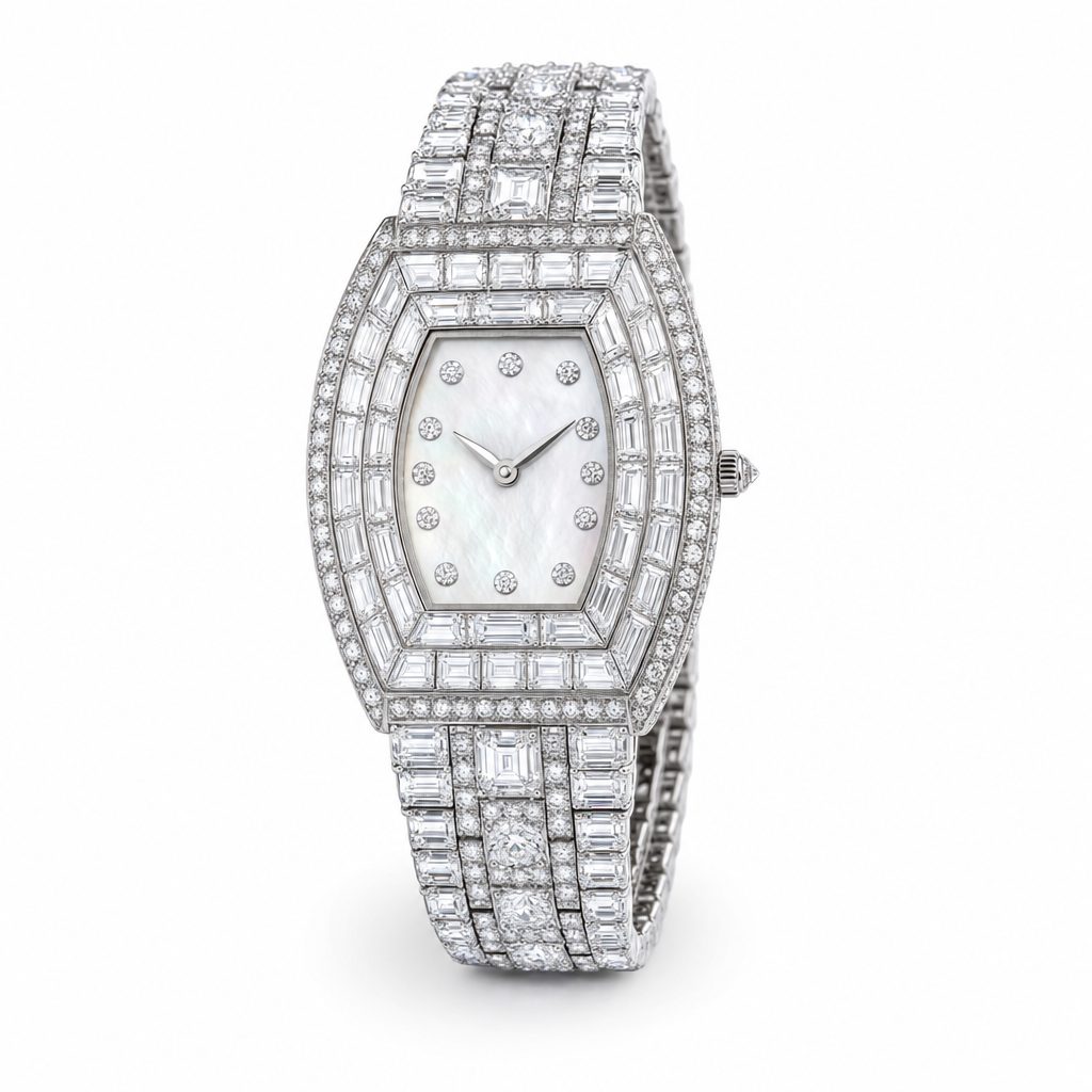 high jewelry tonneau watch editorial product image